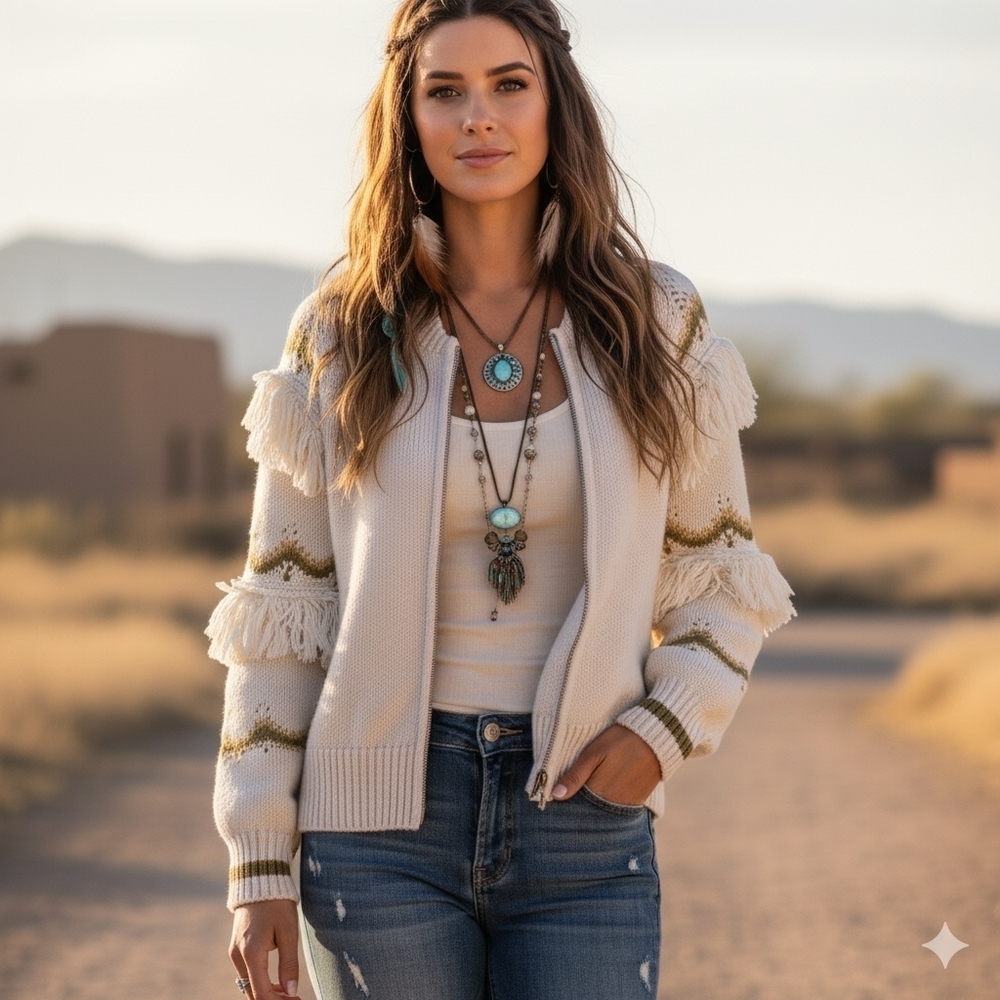 Jens Pirate Booty Snowed In Dream Bohemian Fringe‎ Full Zip Jacket